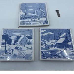 Vtg 4x4 Reber Country Ceramic Tiles Set of 3 Winter Scenes Home Decor